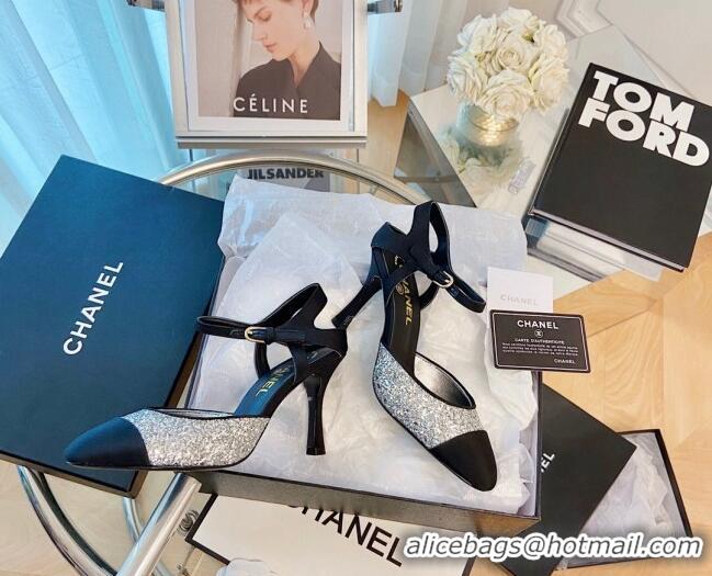 Best Luxury Chanel Sequins Slingback Pumps 8.5cm Silver 080928