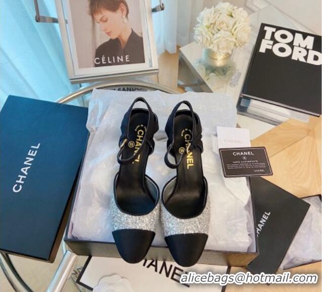 Best Luxury Chanel Sequins Slingback Pumps 8.5cm Silver 080928