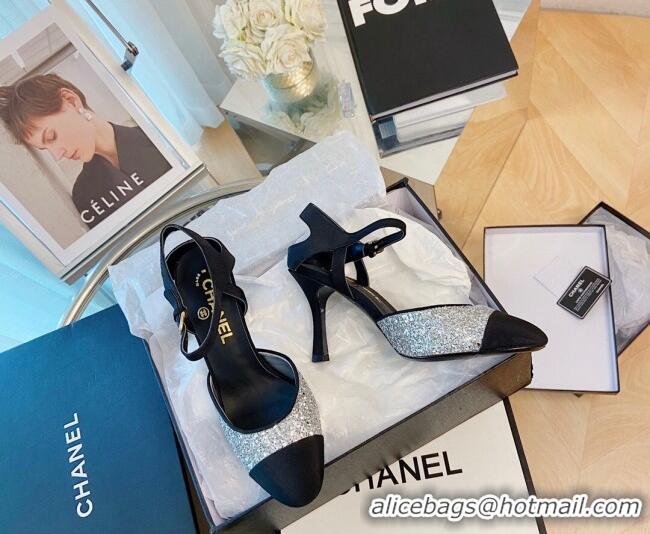 Best Luxury Chanel Sequins Slingback Pumps 8.5cm Silver 080928