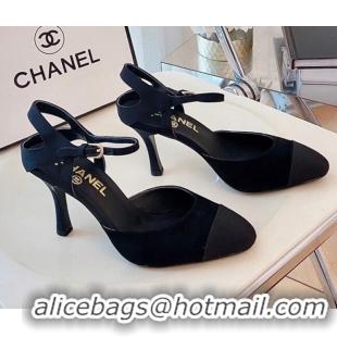 Top Quality Chanel Silk Slingback Pumps 8.5cm Black 080930