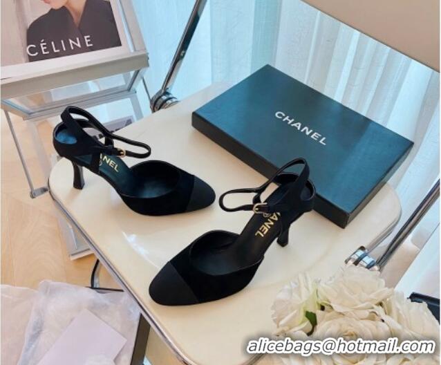 Top Quality Chanel Silk Slingback Pumps 8.5cm Black 080930