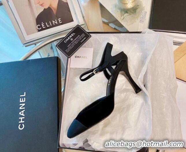 Top Quality Chanel Silk Slingback Pumps 8.5cm Black 080930