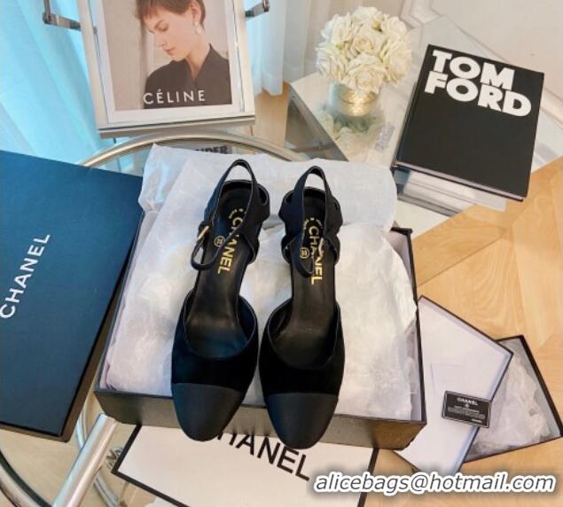 Top Quality Chanel Silk Slingback Pumps 8.5cm Black 080930