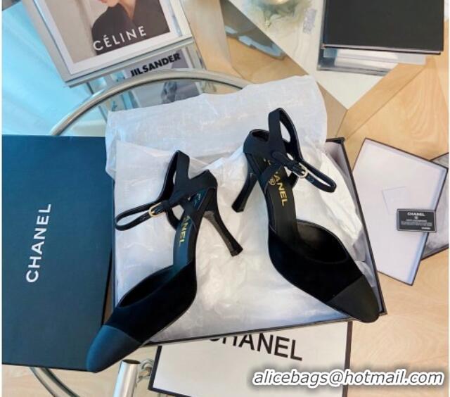 Top Quality Chanel Silk Slingback Pumps 8.5cm Black 080930