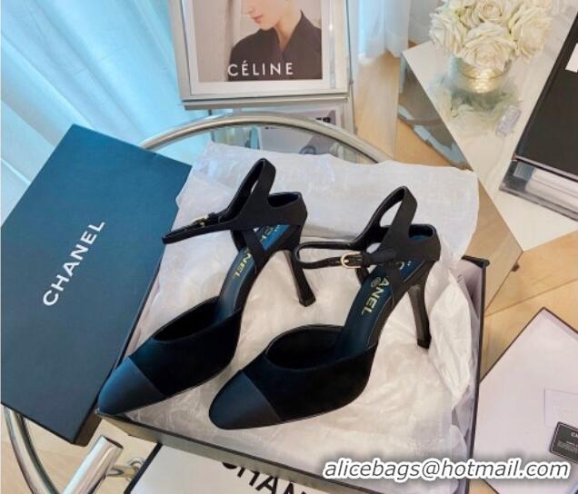 Top Quality Chanel Silk Slingback Pumps 8.5cm Black 080930