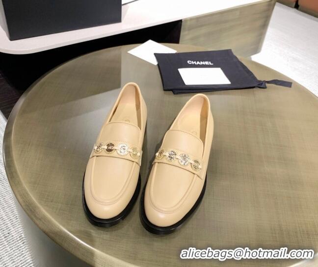 Unique Style Chanel Calfskin Loafers with Coin Charm G37932 Apricot 2021