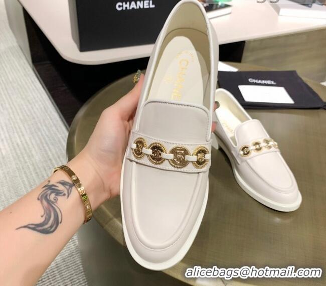 Good Quality Chanel Calfskin Loafers with Coin Charm G37932 White 2021