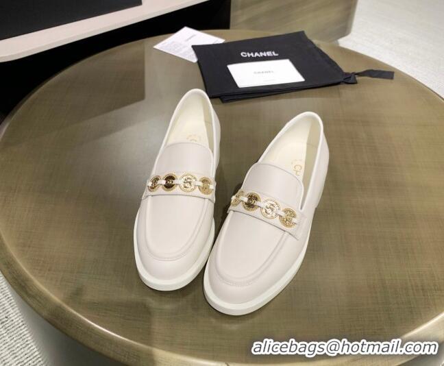 Good Quality Chanel Calfskin Loafers with Coin Charm G37932 White 2021