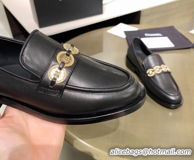 Lower Price Chanel Calfskin Loafers with Coin Charm G37932 Black 2021