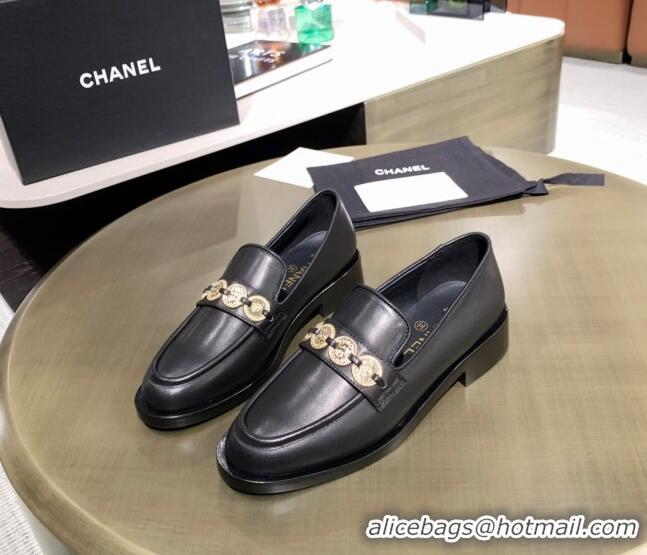 Lower Price Chanel Calfskin Loafers with Coin Charm G37932 Black 2021