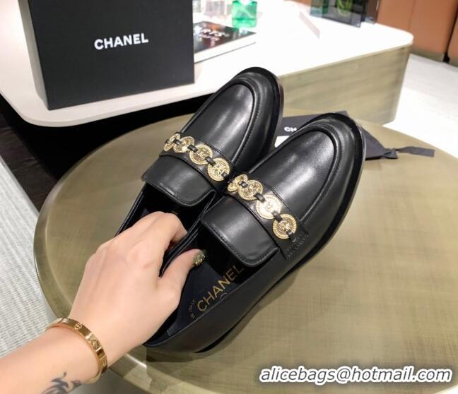 Lower Price Chanel Calfskin Loafers with Coin Charm G37932 Black 2021