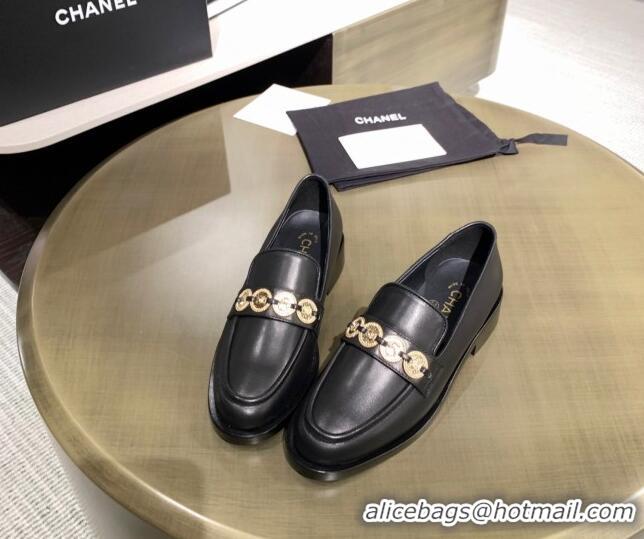 Lower Price Chanel Calfskin Loafers with Coin Charm G37932 Black 2021