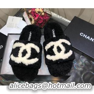 Top Quality Chanel CC Wool Flat Slide Sandals 080959 Black 2021