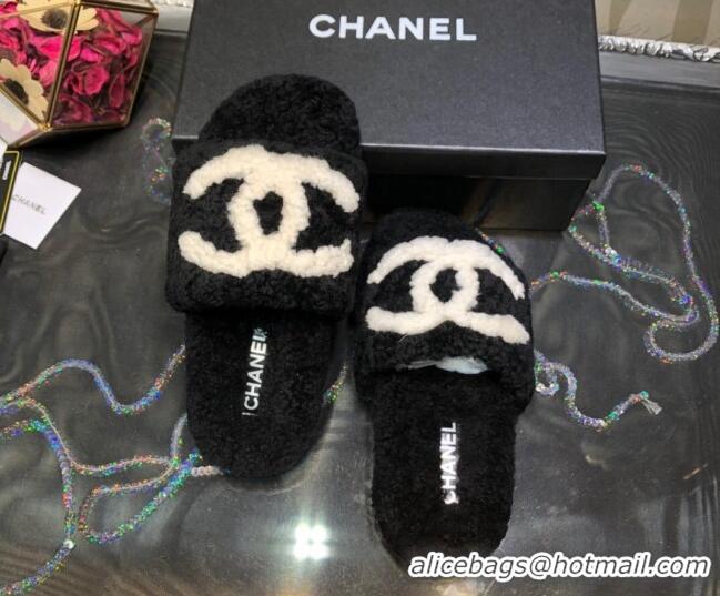 Top Quality Chanel CC Wool Flat Slide Sandals 080959 Black 2021