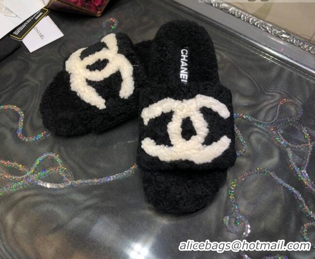 Top Quality Chanel CC Wool Flat Slide Sandals 080959 Black 2021