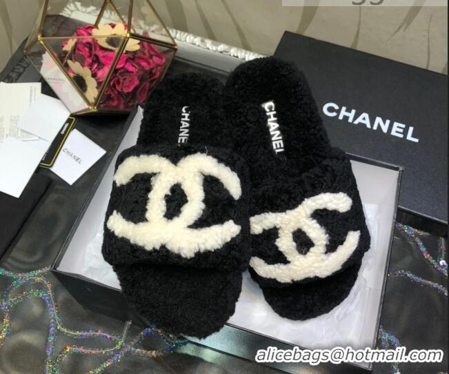 Top Quality Chanel CC Wool Flat Slide Sandals 080959 Black 2021