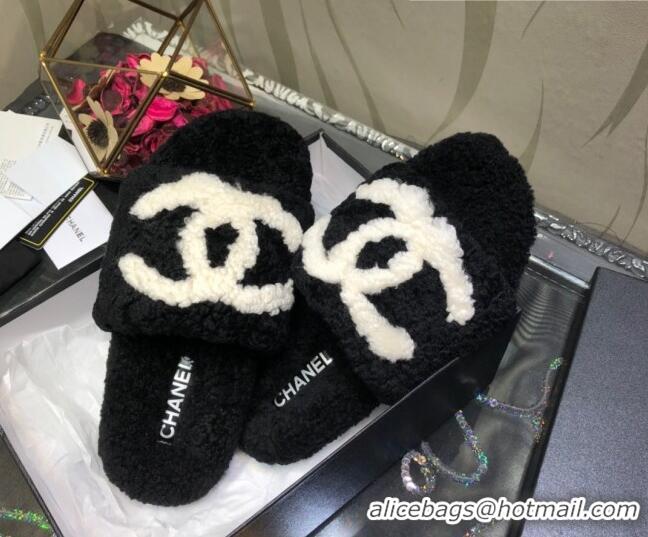 Top Quality Chanel CC Wool Flat Slide Sandals 080959 Black 2021