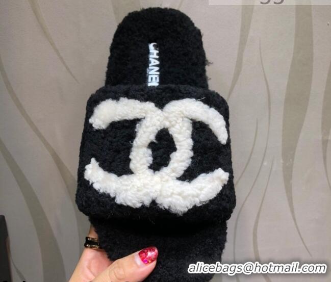 Top Quality Chanel CC Wool Flat Slide Sandals 080959 Black 2021