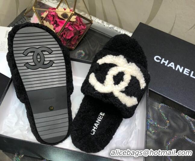 Top Quality Chanel CC Wool Flat Slide Sandals 080959 Black 2021