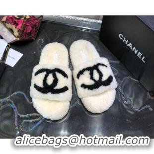 Popular Chanel CC Wool Flat Slide Sandals 080959 White 2021