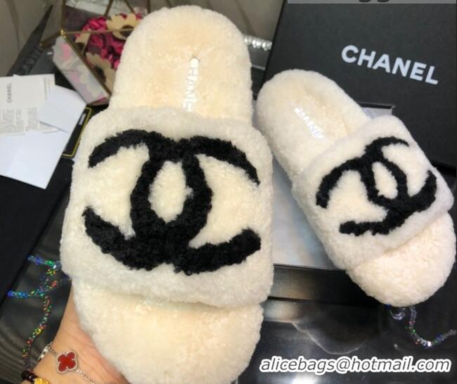 Popular Chanel CC Wool Flat Slide Sandals 080959 White 2021