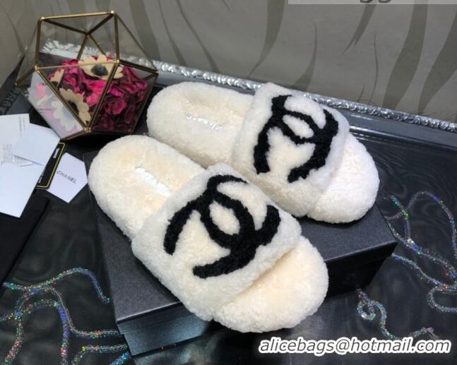 Popular Chanel CC Wool Flat Slide Sandals 080959 White 2021