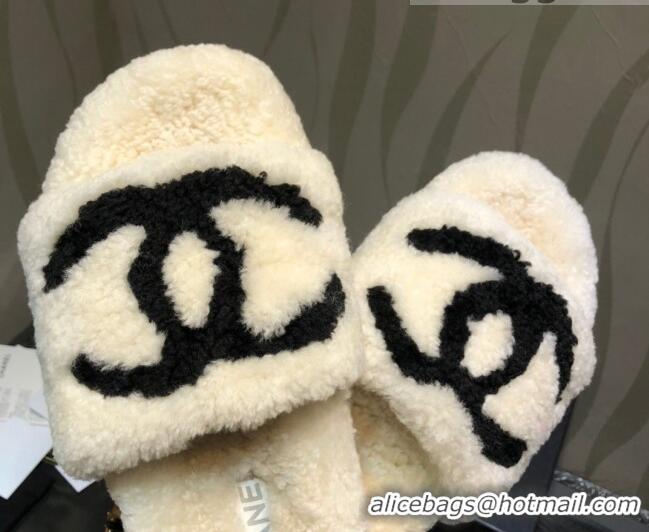 Popular Chanel CC Wool Flat Slide Sandals 080959 White 2021