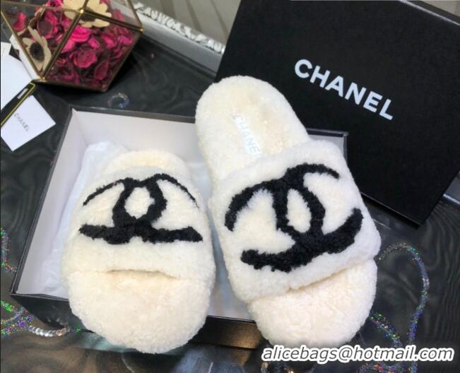 Popular Chanel CC Wool Flat Slide Sandals 080959 White 2021