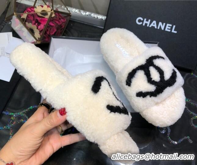 Popular Chanel CC Wool Flat Slide Sandals 080959 White 2021