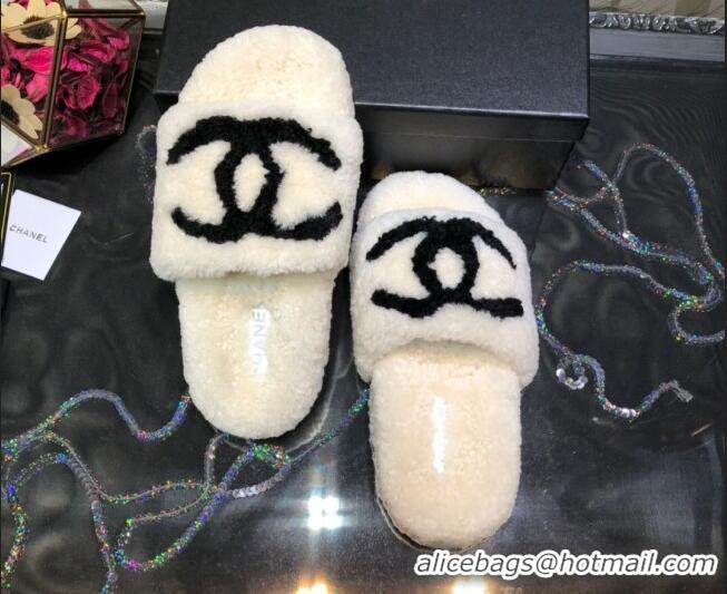 Popular Chanel CC Wool Flat Slide Sandals 080959 White 2021