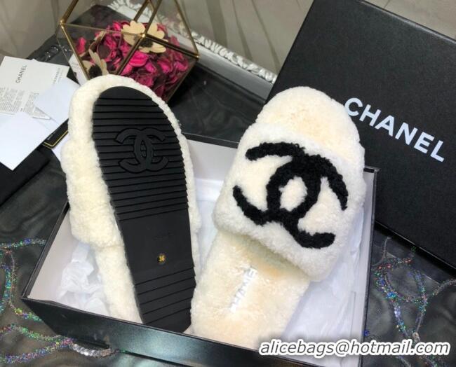 Popular Chanel CC Wool Flat Slide Sandals 080959 White 2021