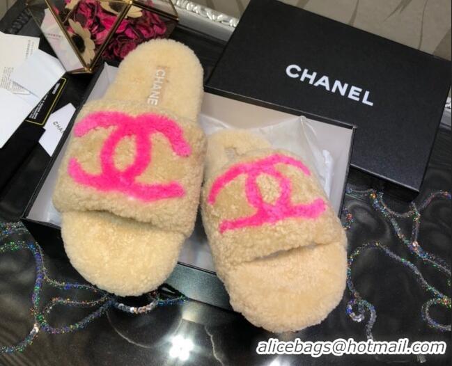 Hot Sale Chanel CC Wool Flat Slide Sandals 080959 Apricot 2021