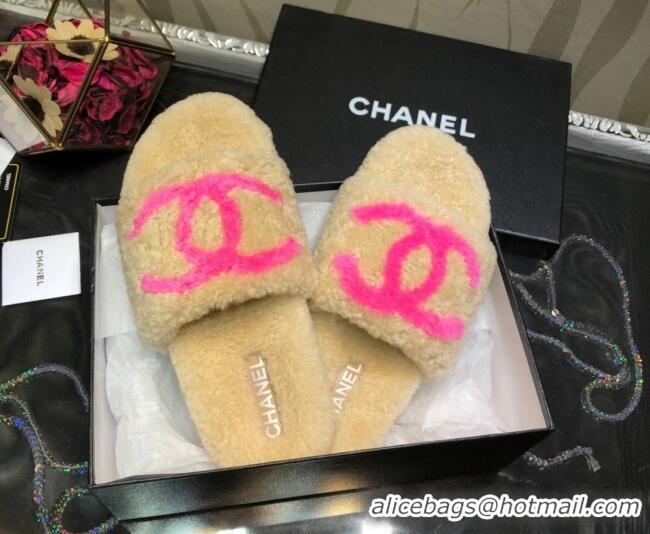 Hot Sale Chanel CC Wool Flat Slide Sandals 080959 Apricot 2021