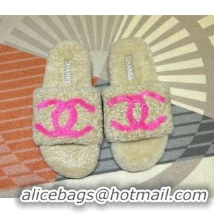 Low Price Chanel CC Wool Flat Slide Sandals 080959 Beige 2021