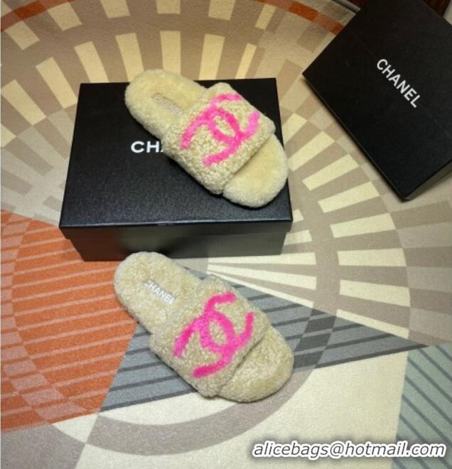 Low Price Chanel CC Wool Flat Slide Sandals 080959 Beige 2021