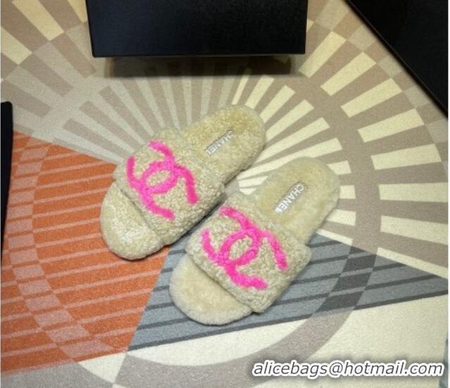 Low Price Chanel CC Wool Flat Slide Sandals 080959 Beige 2021