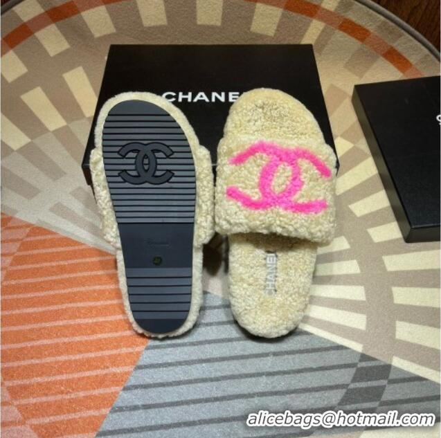 Low Price Chanel CC Wool Flat Slide Sandals 080959 Beige 2021