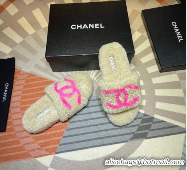 Low Price Chanel CC Wool Flat Slide Sandals 080959 Beige 2021