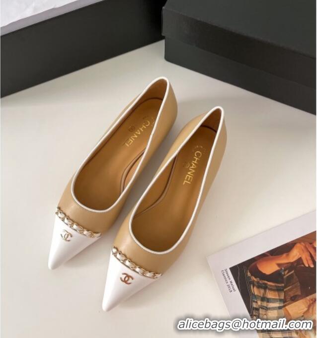 Luxury Chanel Lambskin Chain Pointed Toe Ballerinas 081238 Apricot 2021