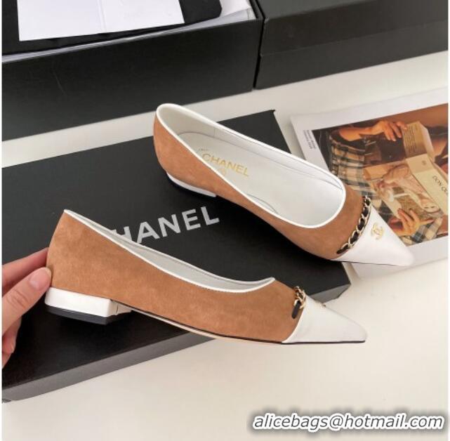 Luxury Classic Chanel Suede Chain Pointed Toe Ballerinas 081241 Apricot 2021