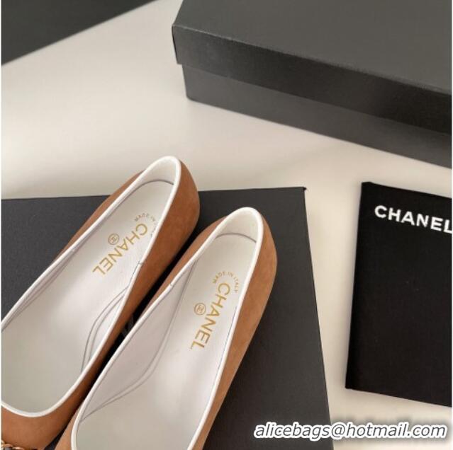 Luxury Classic Chanel Suede Chain Pointed Toe Ballerinas 081241 Apricot 2021