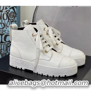 Elegant Chanel Calfskin Laced Ankle Boot with Back Buckle White 081339