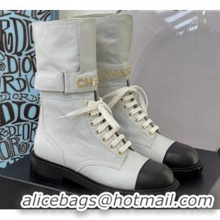 Best Quality Chanel Calfskin Buckle Short Boot 081341 White