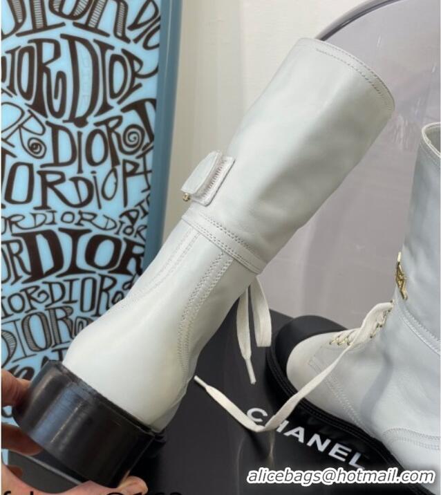 Best Quality Chanel Calfskin Buckle Short Boot 081341 White