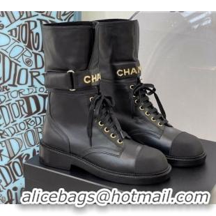 Classic Hot Chanel Calfskin Buckle Short Boot 081341 Black