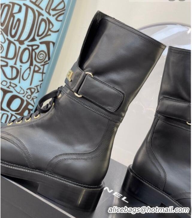 Classic Hot Chanel Calfskin Buckle Short Boot 081341 Black