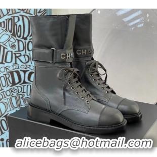 Top Quality Chanel Calfskin Buckle Short Boot 081341 Dark Gray