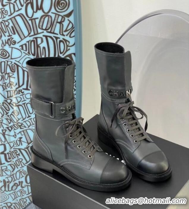 Top Quality Chanel Calfskin Buckle Short Boot 081341 Dark Gray