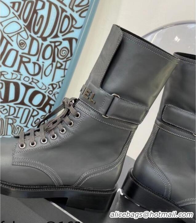 Top Quality Chanel Calfskin Buckle Short Boot 081341 Dark Gray