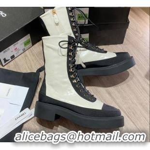 Top Quality Chanel Shiny Leather and Grosgrain Laced Short Boots 081401 White/Black 2021